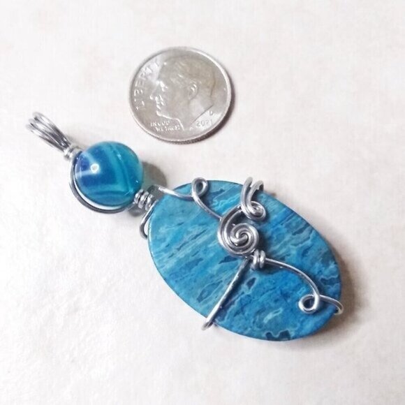 Blue Crazy Lace Agate & Banded Blue Agate ~ Wire Wrapped! Stacked Stone Pendant - Picture 7 of 10